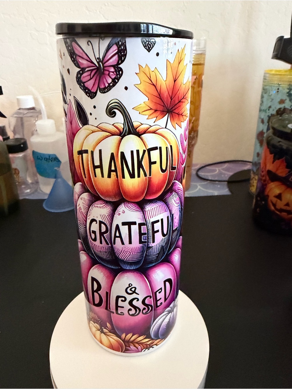 Thankful Grateful Blessed Fall Art Tumbler - Pink & Orange